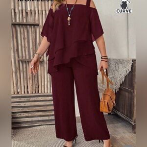 Momelise Plus Size Women's Solid Color Asymmetrical Collar Top And Pants Set 0XL